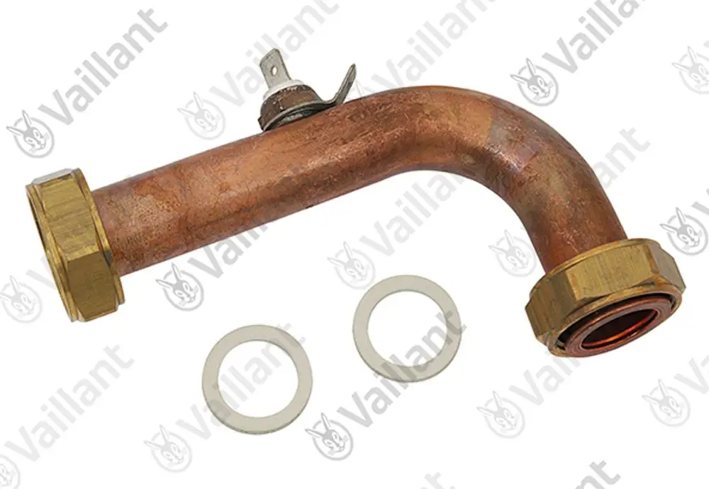 Kupferrohr von Vaillant mit zwei Gewinden, gebogenem Design und zwei Dichtungen für Heizungs- oder Sanitäranwendungen.